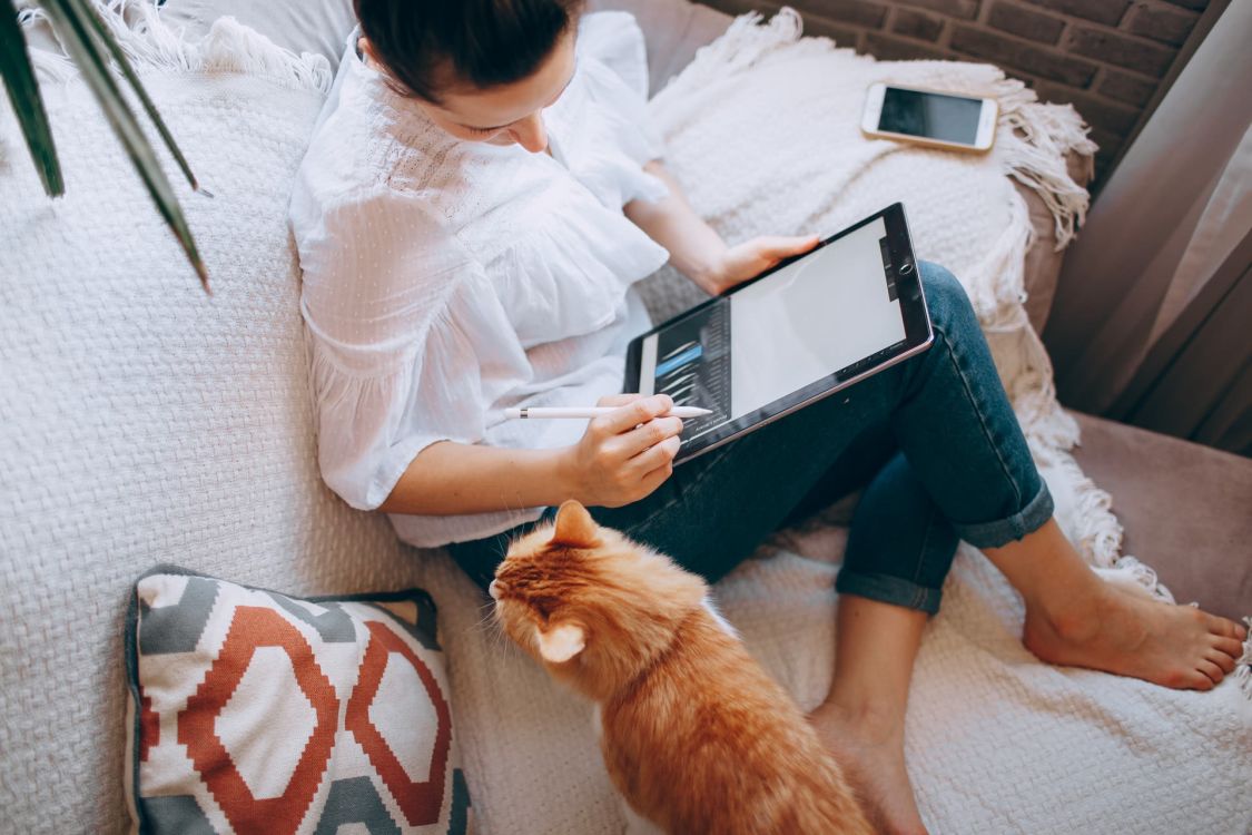 Frau sitzt auf dem Sofa und arbeitet mit ihrem Tablet, neben ihr sitzt eine orange-braune Katze.